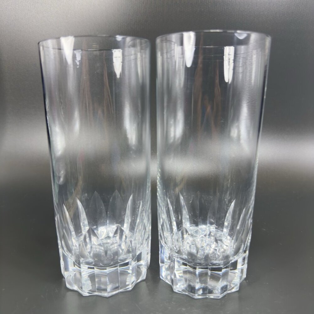 Vintage French Tall Tumblers Cups Barware Set 2 Glasses Cut Bottom Design VTG